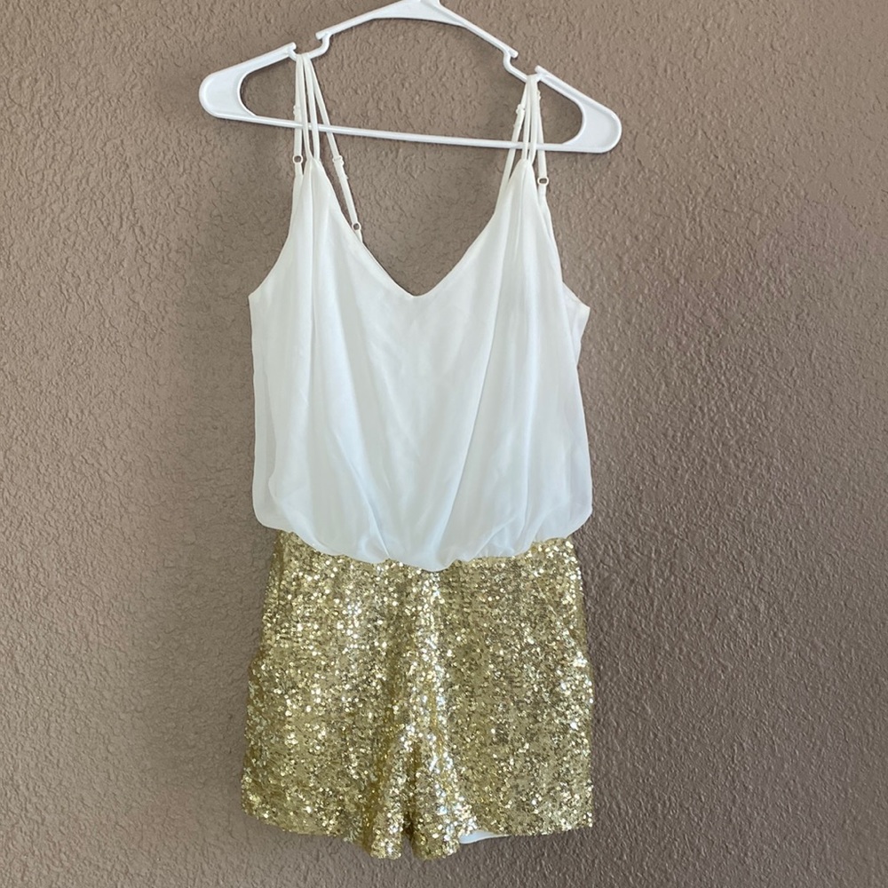 White & Gold Sequin Romper with Pockets